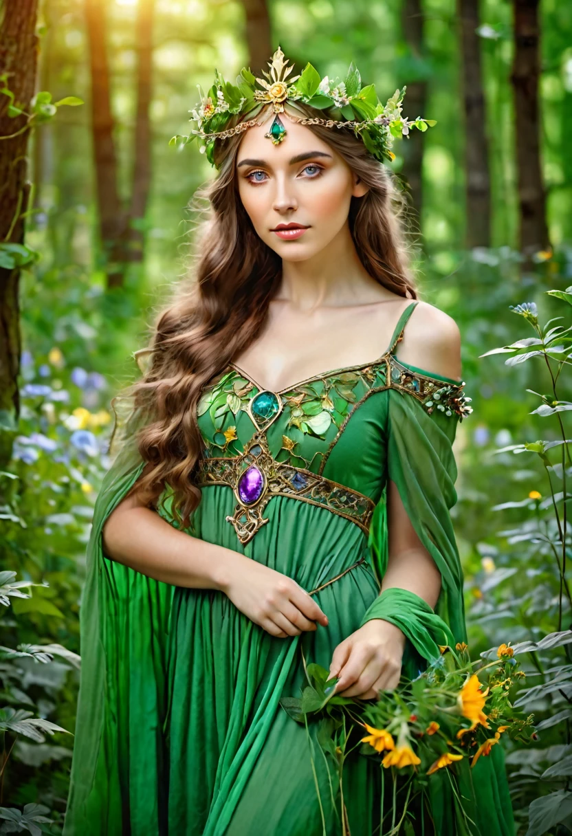 il y a une femme vêtue d&#39;une robe verte avec une couronne de fleurs sur la tête, belle jeune fille, Reine des fées de la forêt d&#39;été, belle jeune fille fantasy, beautiful princesse elfique, princesse elfique, beau portrait fantastique, style préraphaélite, portrait d&#39;une reine elfe, princesse médiévale, elle a une couronne de fleurs, princesse elfique, style préraphaélite