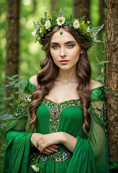 there is a woman dressed in a green dress with a crown of flowers on her head, beautiful young girl, fairy queen of the summer f...