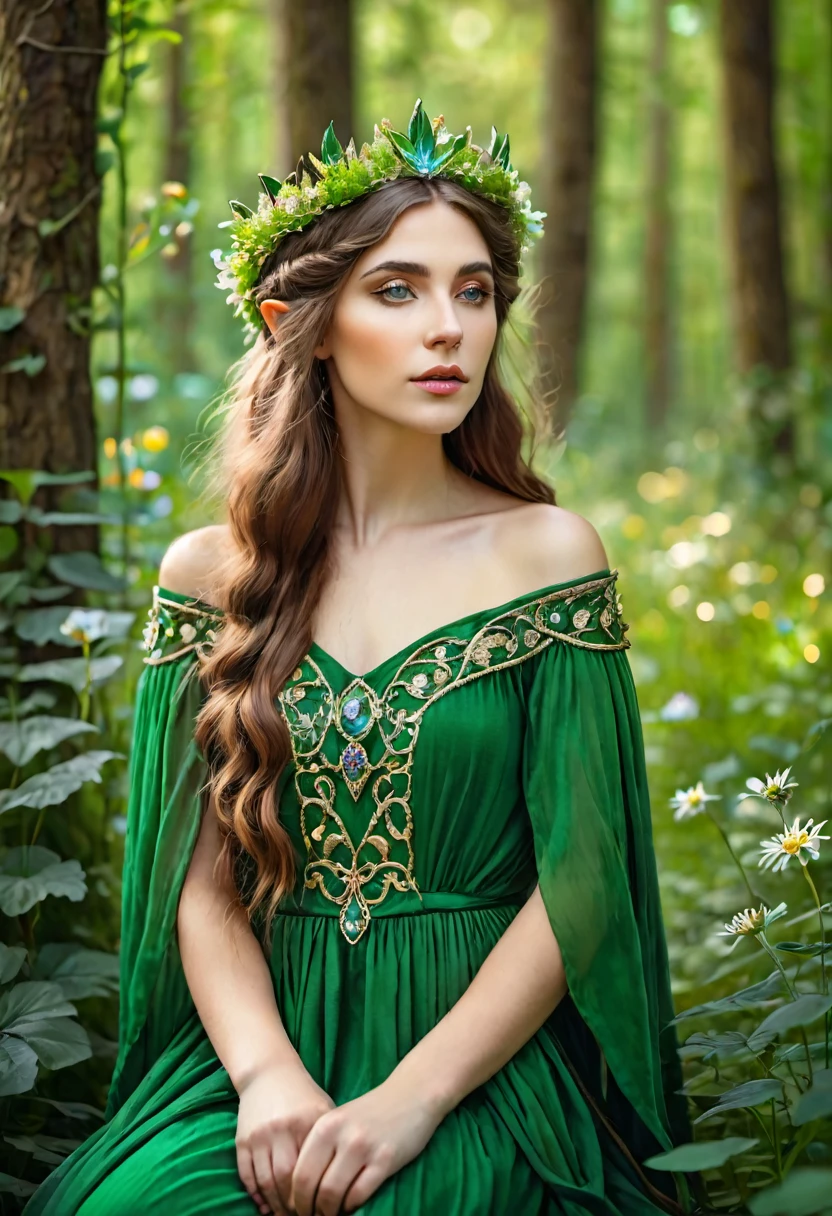 il y a une femme vêtue d&#39;une robe verte avec une couronne de fleurs sur la tête, belle jeune fille, Reine des fées de la forêt d&#39;été, belle jeune fille fantasy, beautiful princesse elfique, princesse elfique, beau portrait fantastique, style préraphaélite, portrait d&#39;une reine elfe, princesse médiévale, elle a une couronne de fleurs, princesse elfique, style préraphaélite