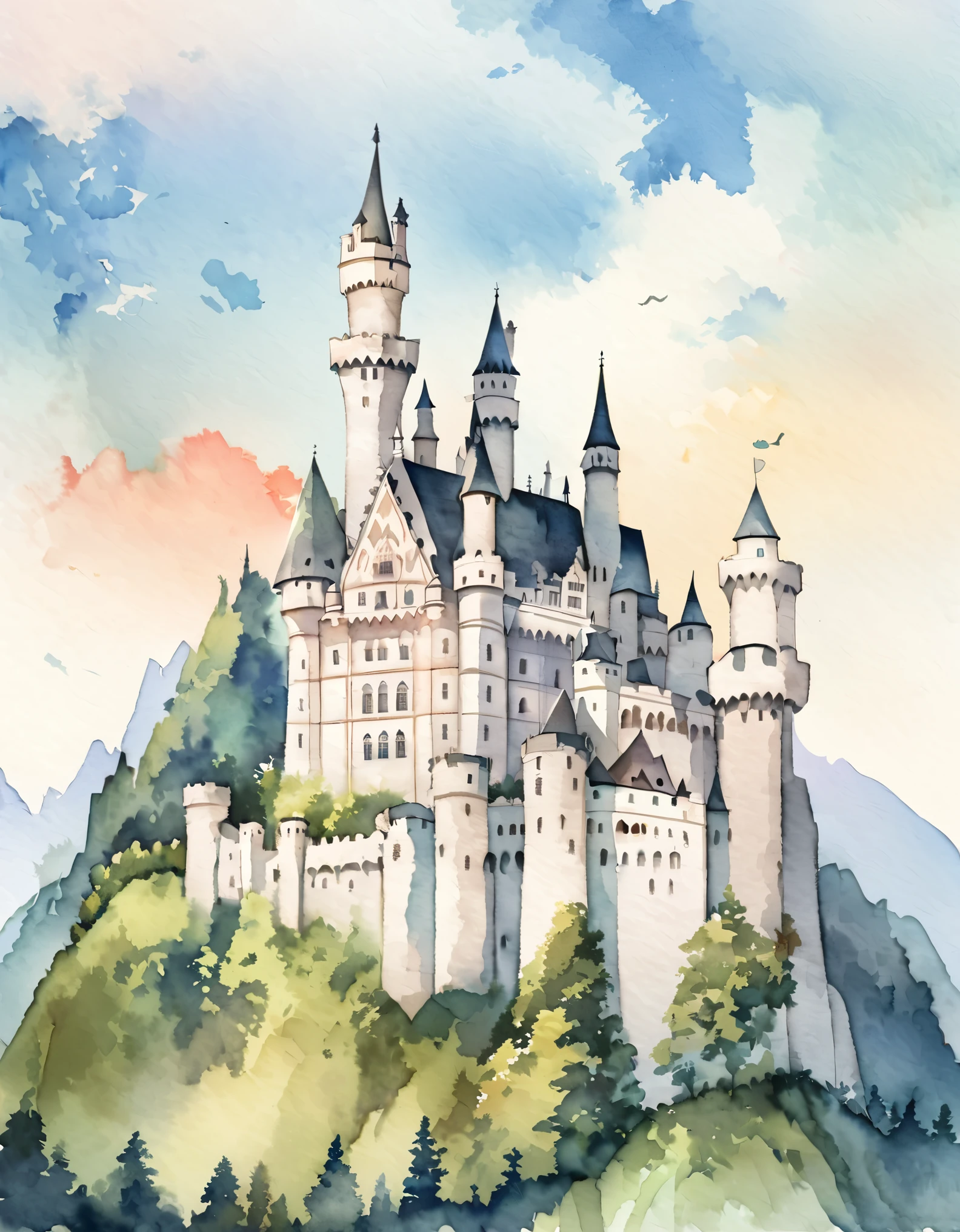 Castelo de Neuschwanstein, As paredes exteriores são em tijolo revestido com calcário branco., Um castelo romântico para um rei que persegue um sonho não realizado, lindo castelo, Castelos na Alemanha, Construído em uma colina, aquarela:1.2, caprichoso e delicado, Como uma ilustração em uma criança&#39;livro, escovação suave, Dim, As cores claras criam uma aparência fantástica.