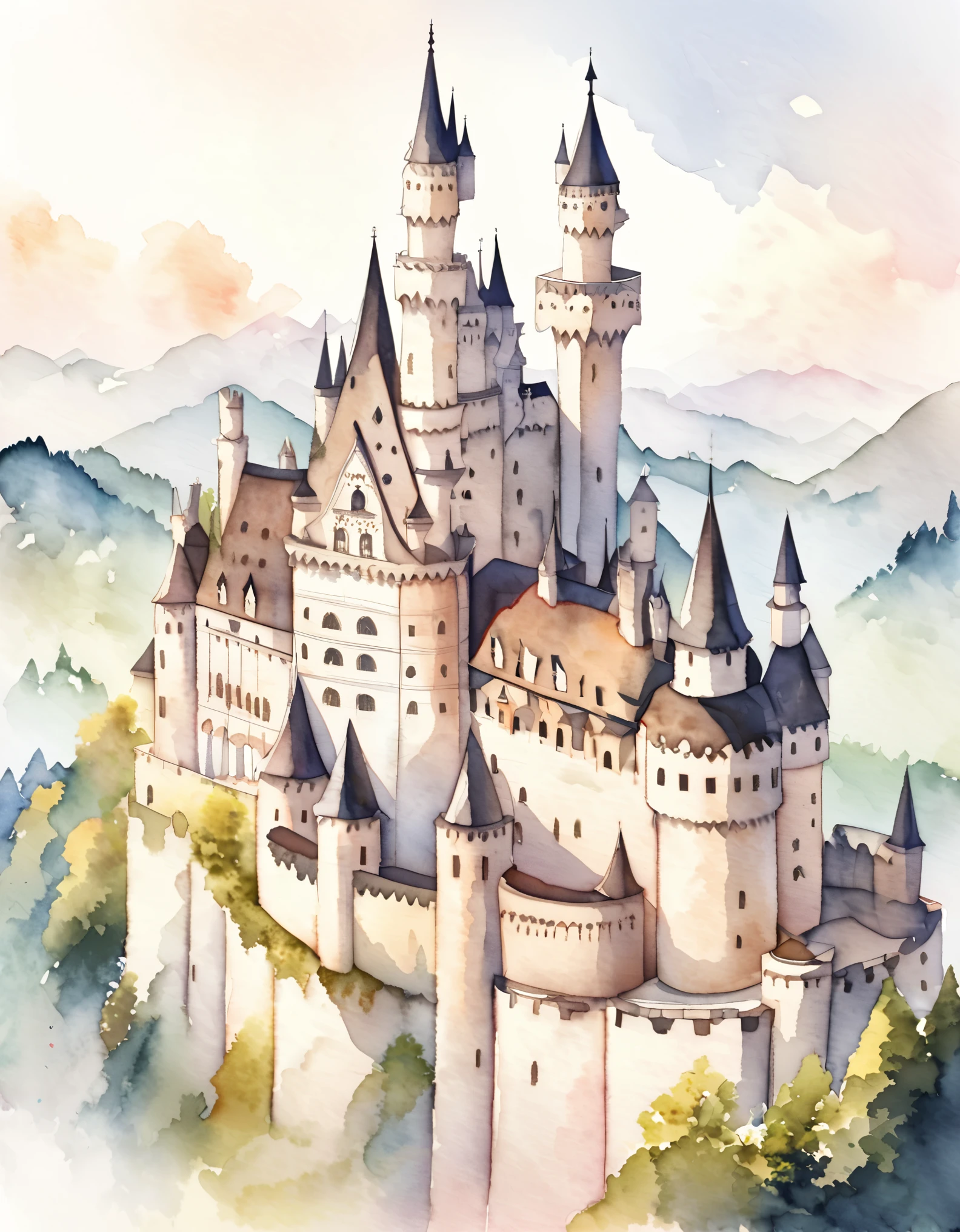 ノイシュヴァンシュタイン城, 外壁は白い石灰岩で覆われたレンガでできている., 叶わぬ夢を追いかける王様のためのロマンチックな城, 美しい城, ドイツの城, 丘の上に建てられた, 水彩:1.2, 気まぐれで繊細な, 子供向けのイラストのように&#39;の本, やさしい筆致, 薄暗い, 淡い色彩が幻想的な雰囲気を醸し出す.