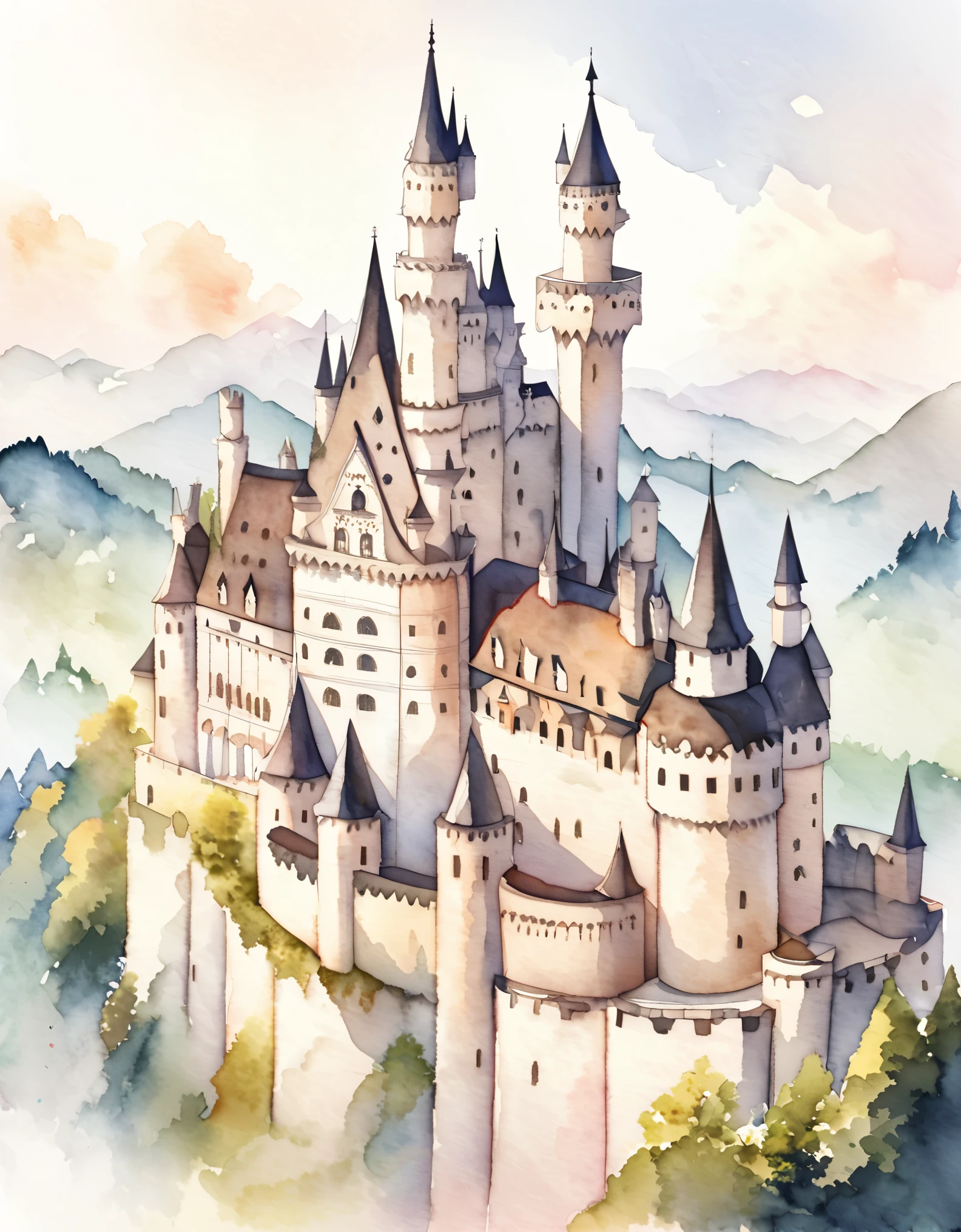 Le château de Neuschwanstein, Les murs extérieurs sont en brique recouverte de pierre calcaire blanche., Un château romantique pour un roi poursuivant un rêve non réalisé, beau château, Châteaux en Allemagne, Construit sur une colline, aquarelle:1.2, fantaisiste et délicat, Comme une illustration chez un enfant&#39;le livre, Coup de pinceau doux, faible, Les couleurs pâles créent un look fantastique.