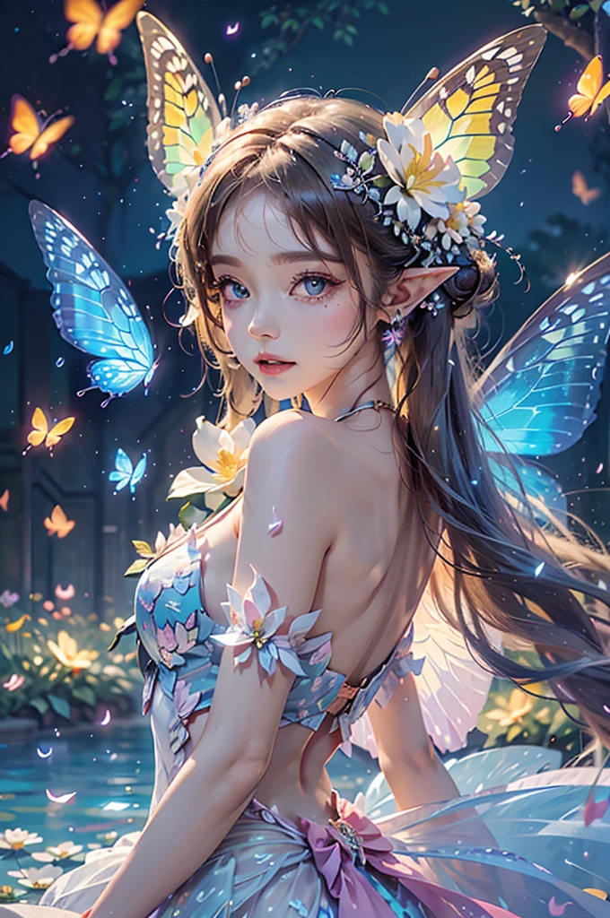 best quality，masterpiece，16k，1girl,Butterflies on the Head,Butterfly on shoulder, antennae,Butterfly in hand, blonde hair, blue butterfly, blue flower, blue wings, blurry, blurry background, blurry foreground, butterfly, butterfly hair ornament, butterfly on hand, butterfly wings, daisy, depth of field, earrings, fairy, fairy wings, flock, flower, flying, garden, glowing, glowing butterfly, glowing wings, hair ornament, ice wings, insect wings, lily \(flower\), lotus, motion blur, multicolored wings, nose, on head, on shoulder, pink flower, pink wings, pointy ears, purple flower, short hair, solo, stud earrings, upper body, vaporeon, white butterfly, white flower, wings, yellow butterfly, yellow flower, yellow wings,Dawn Elf,dawn,glow,Glowing wings,Dress,Multiple butterflies,Glowing Butterfly