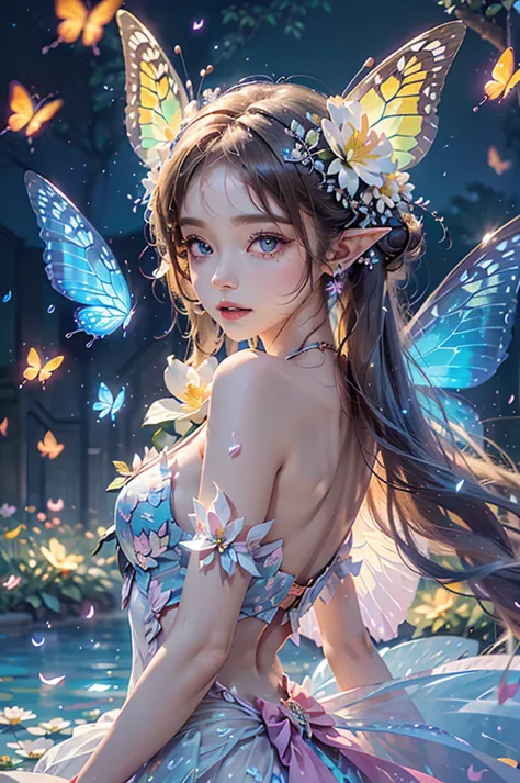 best quality，masterpiece，16k，1girl,butterflies on the head,butterfly on shoulder, antennae,butterfly in hand, blonde hair, blue ...