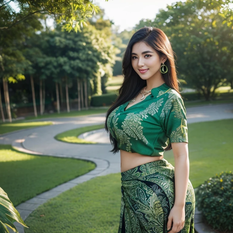 1 beautiful woman, huge breasts, curvy, thick eyebrows, black eyes, facial details, bright face, wave long black hair, big earing , necklace, (( green paint batik shirt with green pencil tight long batik skirt) elegant pose, standing , view from front, full body shot, huge butt, round ass, show curve body, long leg, looking and smile to viewer, Perfect Eye, Perfect Hand, Perfect Finger, flower garden background bokeh, ((no shadow)), day time