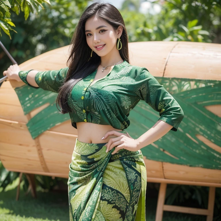 1 beautiful woman, huge breasts, curvy, thick eyebrows, black eyes, facial details, bright face, wave long black hair, big earing , necklace, (( green paint batik shirt with green pencil tight long batik skirt) elegant pose, standing , view from front, full body shot, huge butt, round ass, show curve body, long leg, looking and smile to viewer, Perfect Eye, Perfect Hand, Perfect Finger, flower garden background bokeh, ((no shadow)), day time
