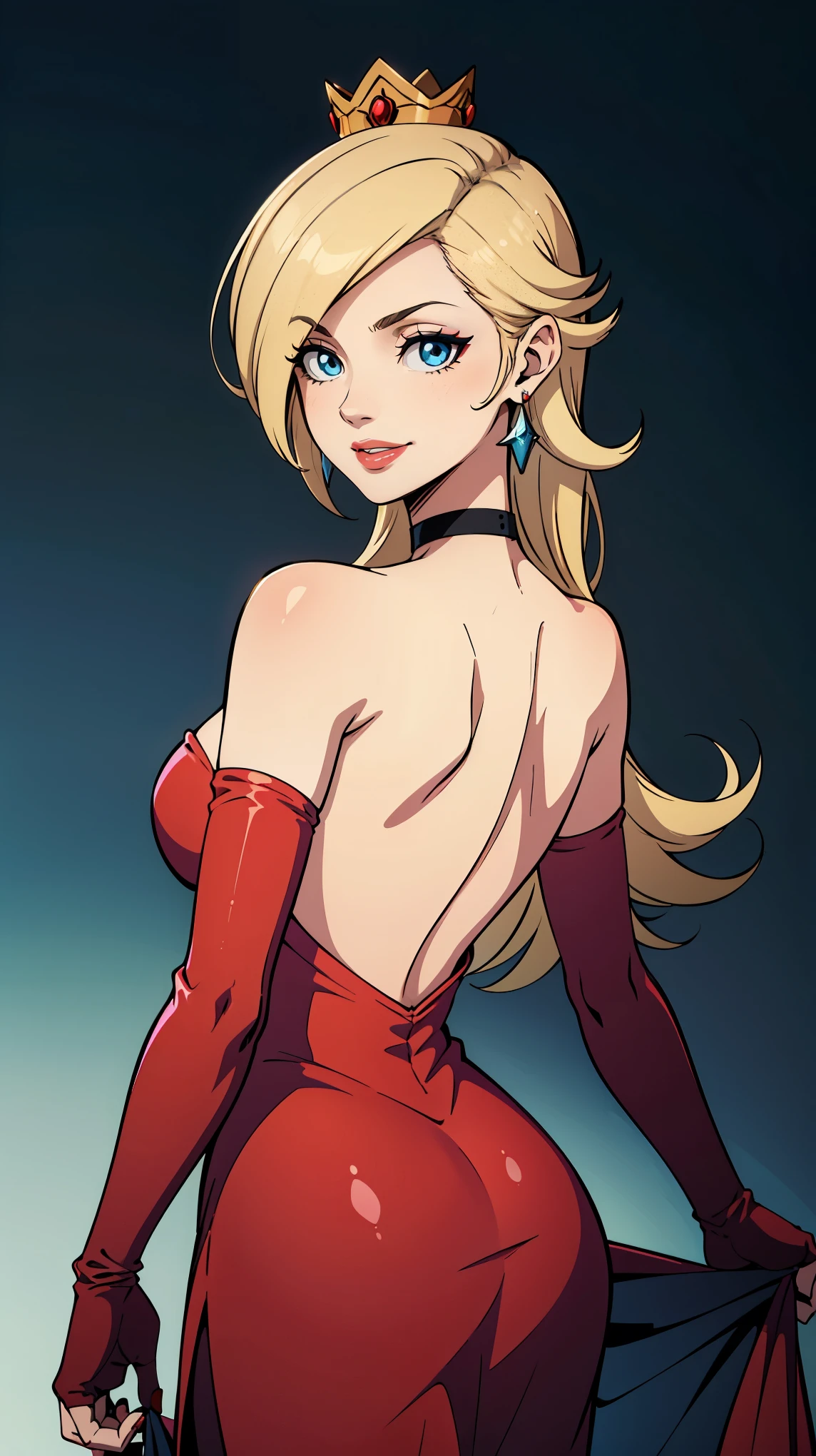 rosalina, crown, red dress, long dress, strapless dress, backless dress, long white elbow gloves, smile, light red lipstick, dark blue eye shadow, makeup, black choker, cowboy shot