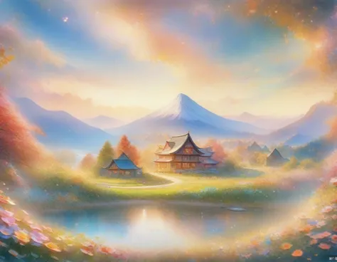 a painting of a house in a flower field, japanese cartoons beautiful peace scene, flower mountain background, japanese cartoons ...