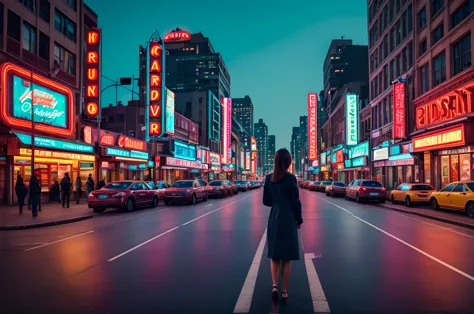 A beautiful woman standing in the middle of a city street, her back facing the urban landscape, with buildings and neon lights, ...