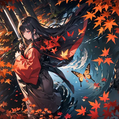 ((blackい髪　Long Hair　black　Military commander　one person　Lonely　Red Flag　胸開きのkimono))　((night　Japanese style　old　Shining Aura))　(...