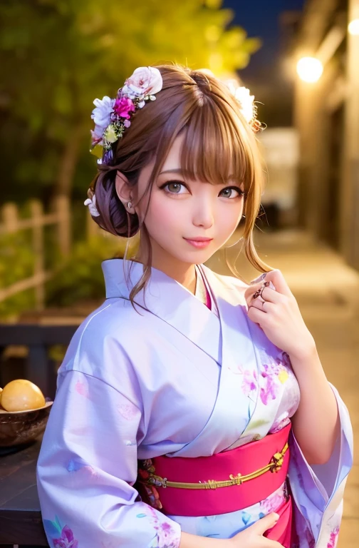 (Tabletop, highest quality:1.4), Beautiful Face, 8k, 85mm, Absurd, (Floral Yukata:1.4), Upper body, Exposing the breasts、 Violet, Gardenias, Delicate girl, alone, night, View Viewer, Upper Body, Film Grain, chromatic aberration, Sharp focus, Face Light, Professional Lighting, Sophisticated, (smile:0.4), Cleavage, (Simple Background, Bokeh Background:1.2), Detailed aspect
