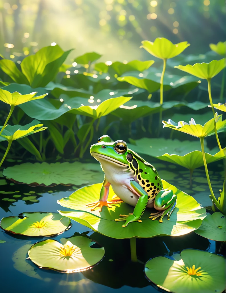 "A vibrant green frog sits serenely on a lily pad in the midst of a tranquil swamp lake, bathed in soft, cinematic light. The scene is illuminated by the golden rays of a setting sun filtering through the dense foliage, casting a warm, ethereal glow on the water. Mist rises gently from the lake's surface, adding a mystical quality to the tranquil, picturesque environment."