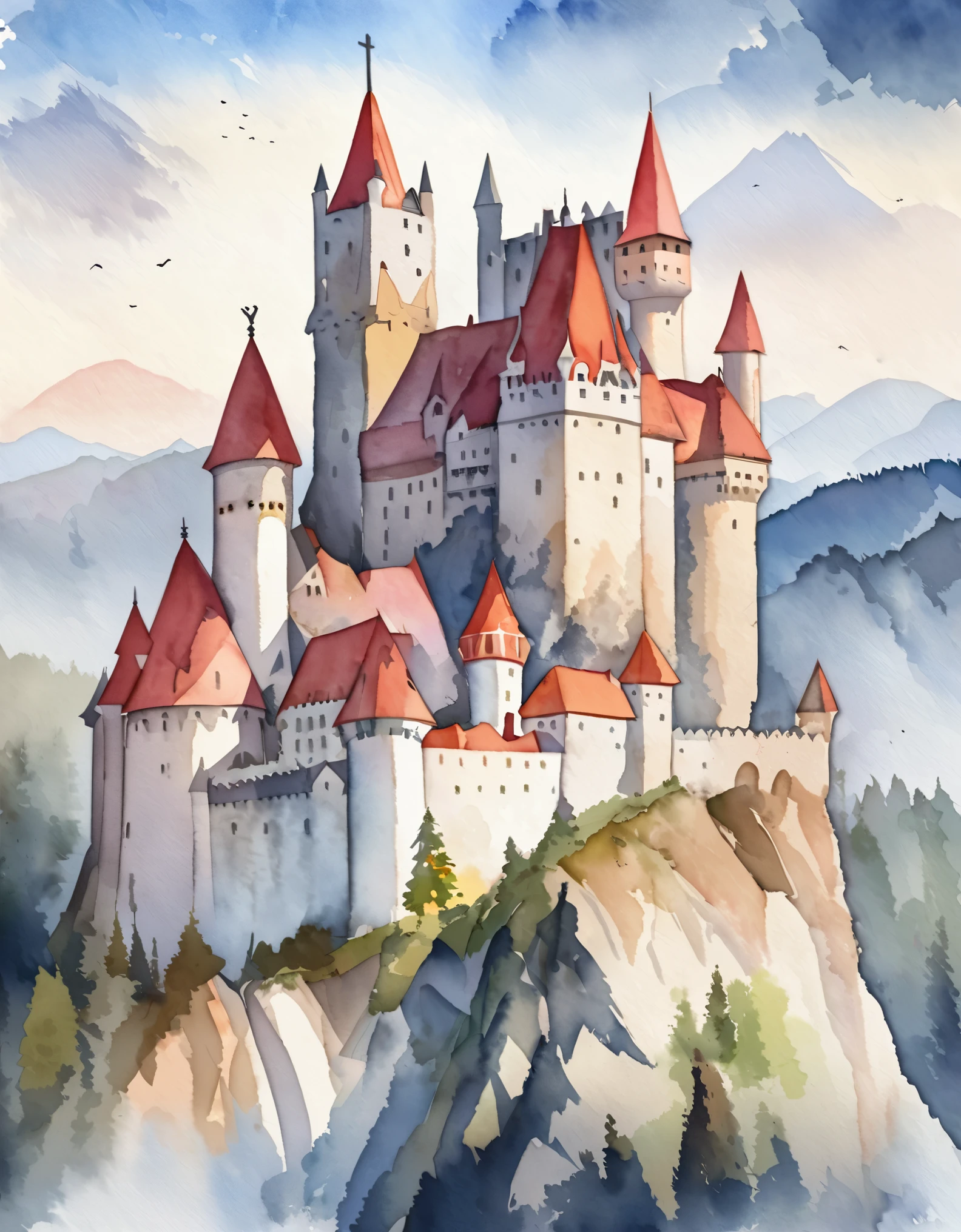 Замок Бран, Румынский замок, Замок Дракулы, легенды и тайны, вершина горы, акварель:1.2, причудливый и нежный, Как иллюстрация у детей&#39;книга, Нежная кисть, тусклый, Бледные цвета создают фантастический вид.
