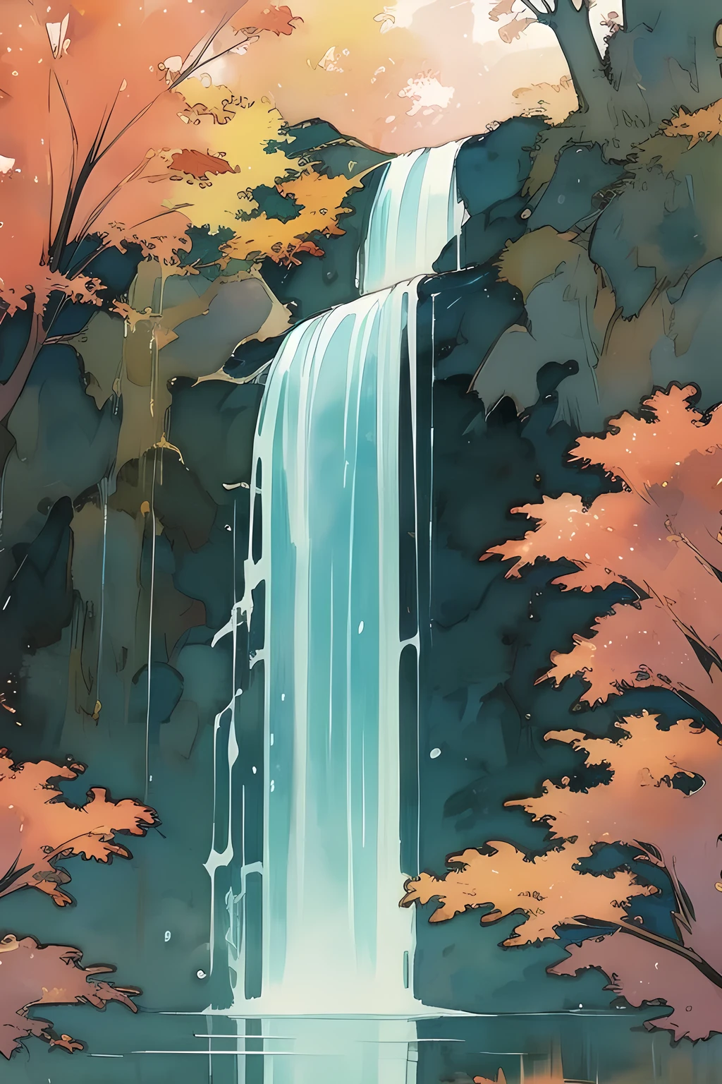 Watercolor Landscape, Fall Foliage Colors the Fall Waterfall