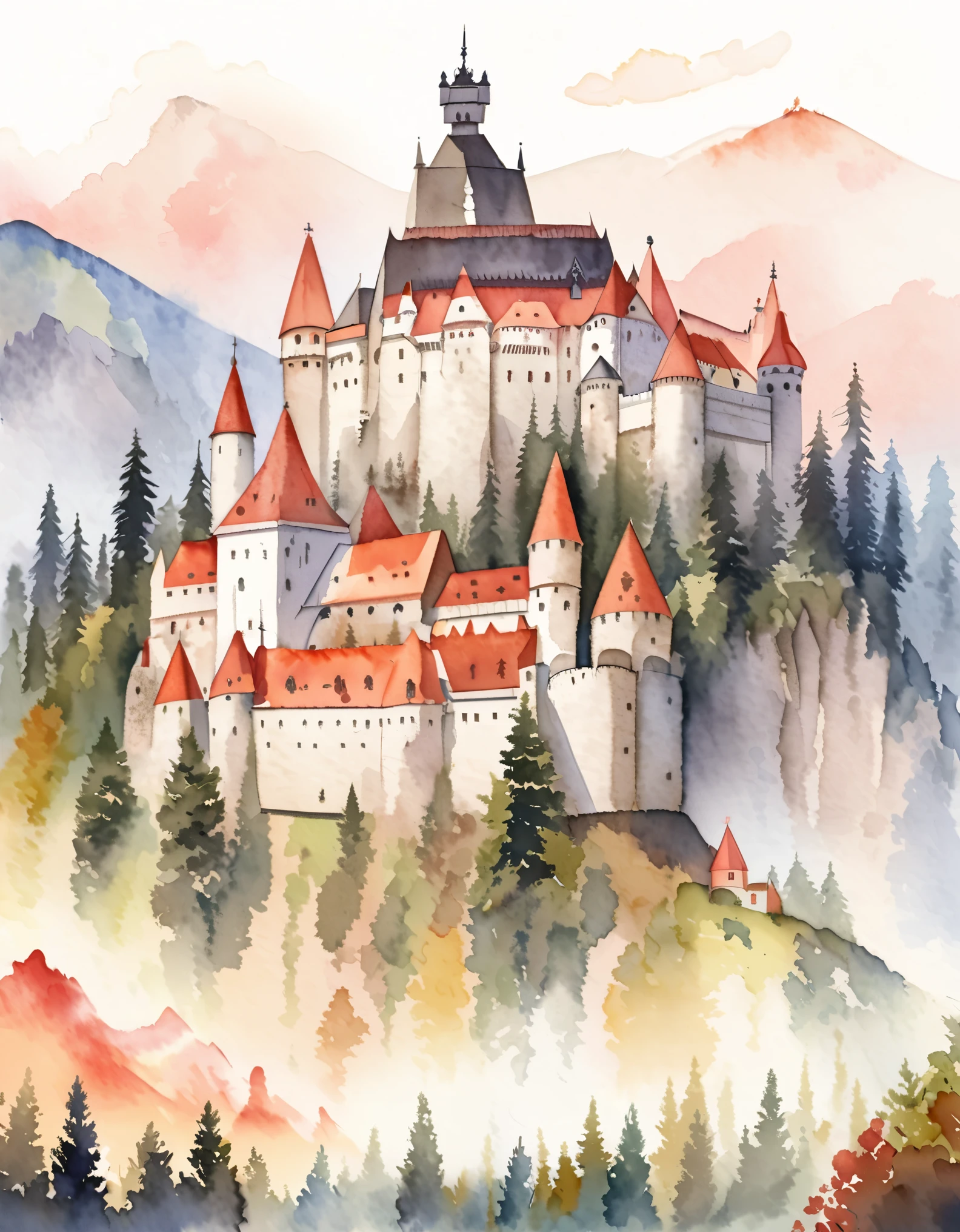 布蘭城堡, 罗马尼亚城堡, 德古拉城堡, 傳說與奧秘, 山顶, 水彩:1.2, 異想天開又精緻, 就像兒童插畫一樣&#39;书, 溫柔的筆觸, 暗淡, 淺色營造出夢幻般的外觀.