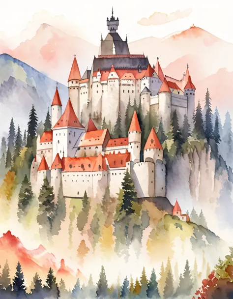 Bran Castle, Romanian castle, Dracula's Castle, Legends and mysteries, Mountain top, Watercolor:1.2, Whimsical and delicate, Lik...