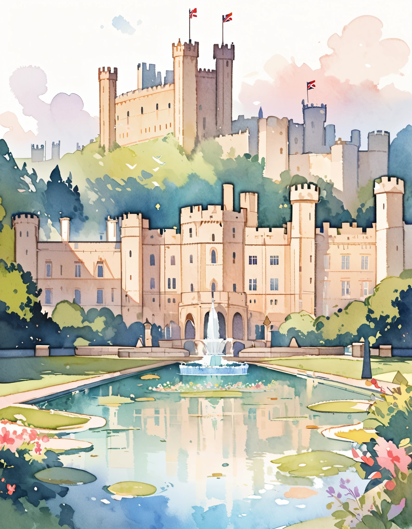 Windsor Castle, The official royal residence of the British monarch, Silent Palace, Castles in England, Watercolor:1.2, Whimsical and delicate, Like an illustration in a children&#39;s book, Gentle brushwork, Dim, The pale colors create a fantastical look.