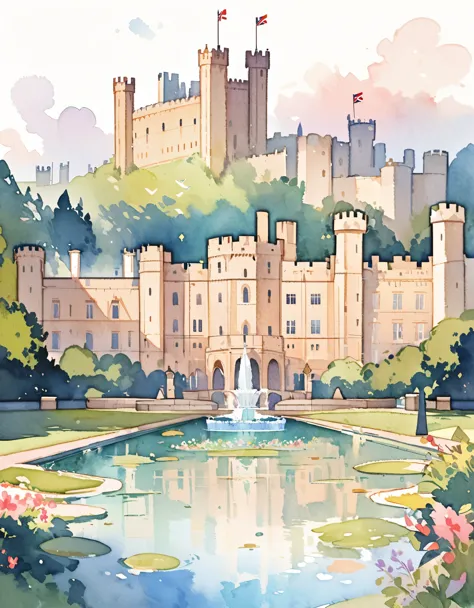Windsor Castle, The official royal residence of the British monarch, Silent Palace, Castles in England, Watercolor:1.2, Whimsica...