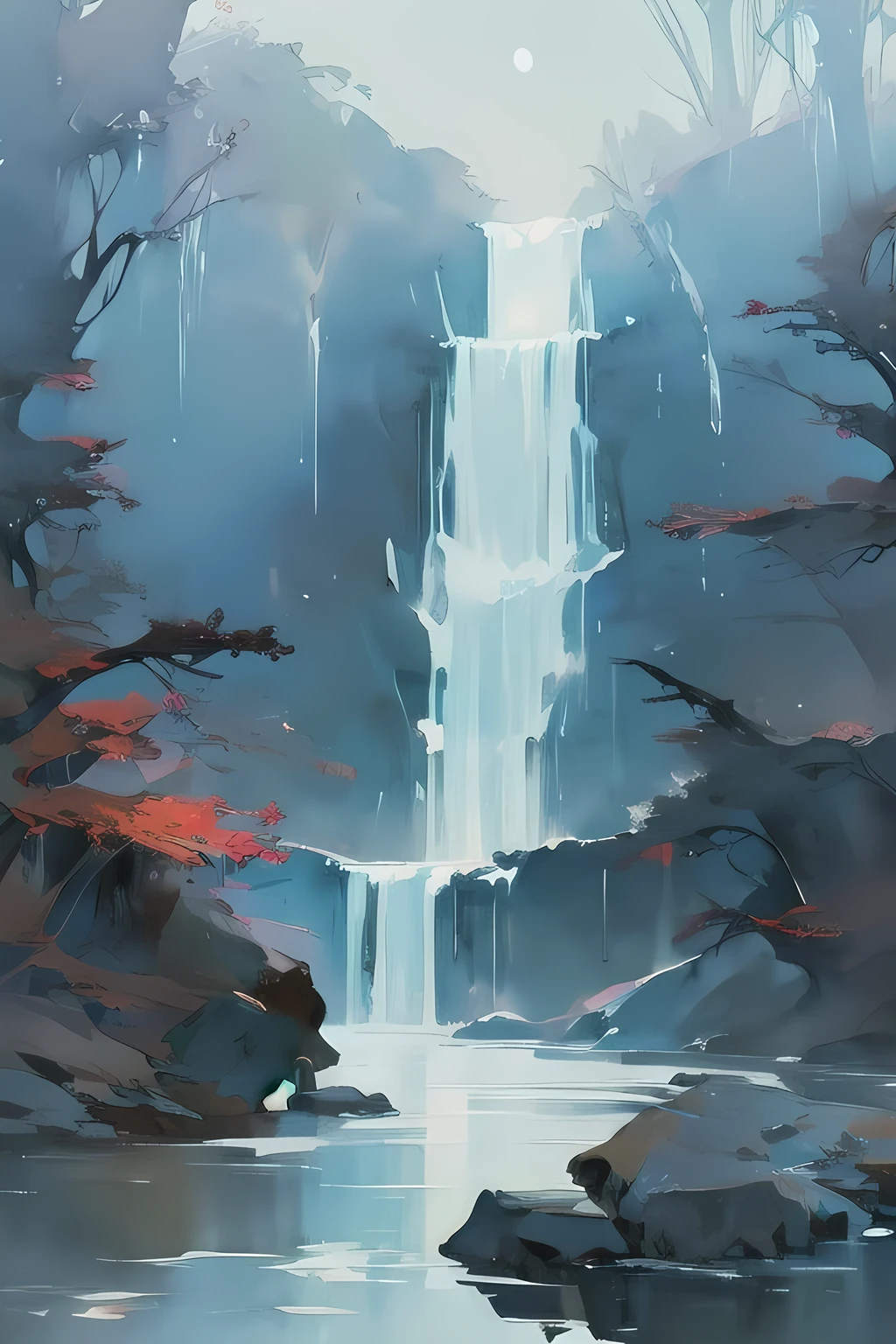 Watercolor Landscape, Fall Foliage Colors the Fall Waterfall