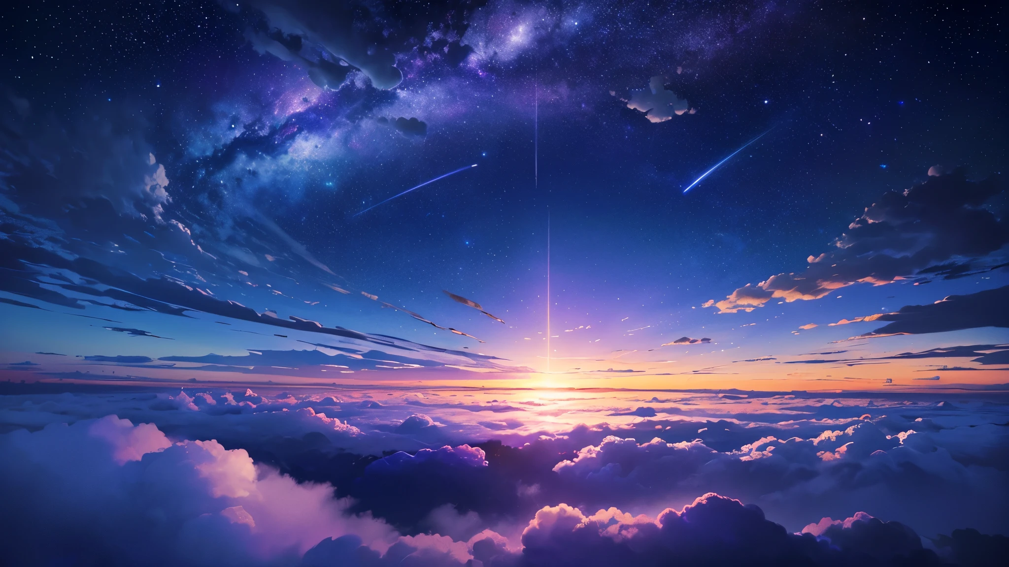 ((Ultra Wide Angle)),((highest quality)),(Ultra-high resolution),(Very detailed),Starry Sky,sea of clouds, , Ultra-fine, Depth of written boundary, Fantastic scene,The colour is deep blue and purple, Vast landscape photography , (上空と下方の広いsea of cloudsが見える横からの眺め),  (sea of clouds:1.3), (Warm light source:0.8), Lots of purple and blue, Intricate details, (masterpiece:1.2), 4K, (Dynamic configuration:1.4), dream-like, Magic,Fantastic landscape, (colorful),