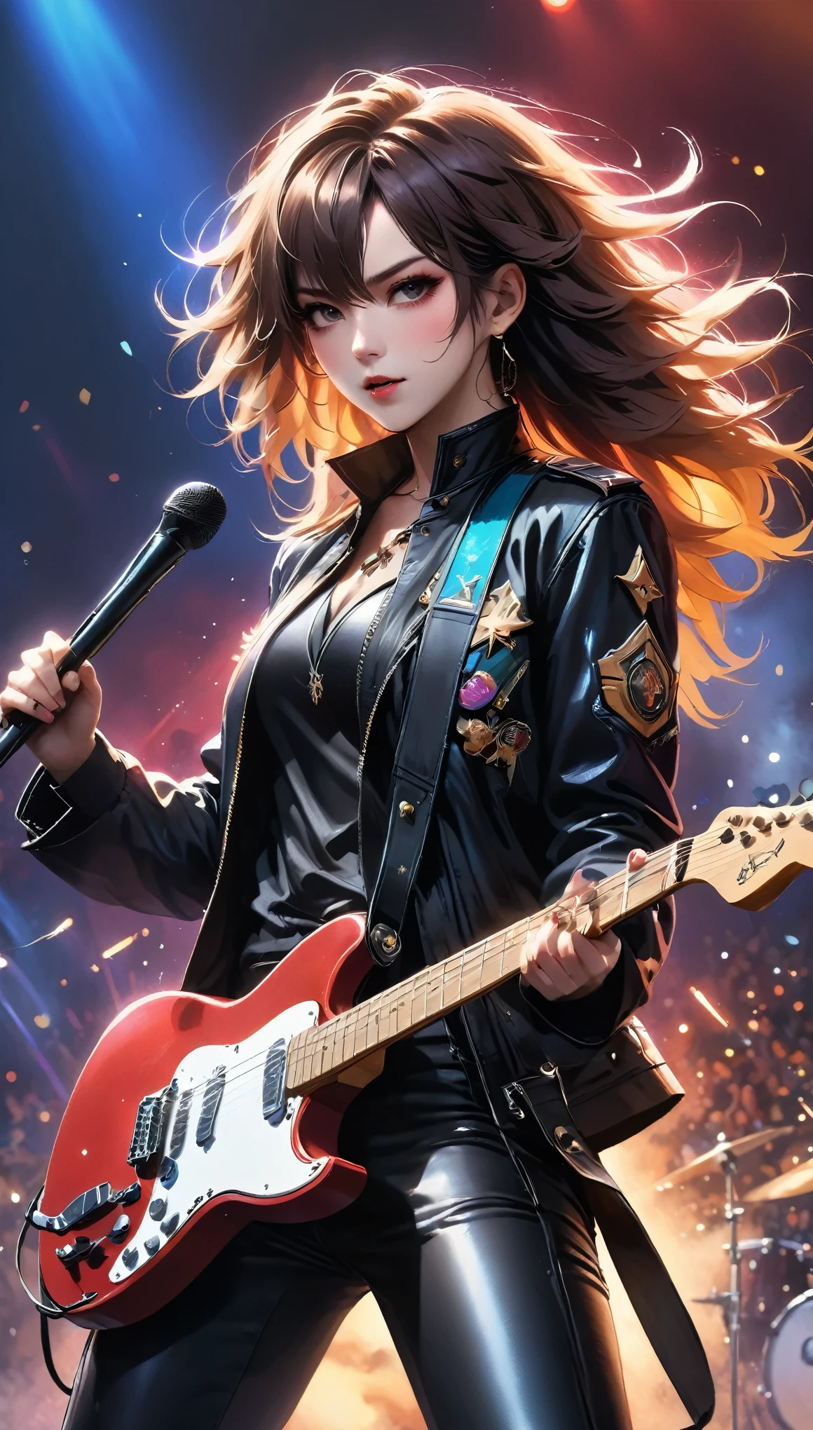 A woman in leather clothes holding a guitar and microphone SeaArt AI