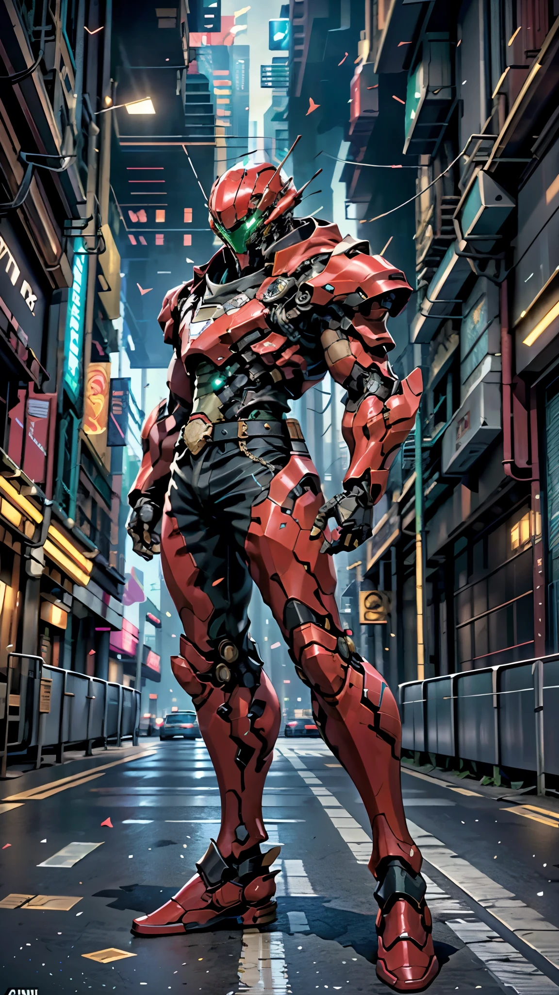 A man wearing a full-face helmet, a fantasy-style biotech armored combat suit, green eyes, (a composite layered chest armor), fully enclosed shoulder guards, matching arm and leg guards, the belt is adorned with exhaust pipes, (the color scheme is primarily black glow with green and red accents), the design balances heavy with agility, a high-tech bio-mecha armor, (Armor Concept Inspired by Cyberpunk motorcycle, stand on the top of a skyscraper in a futuristic sci-fi city), this character embodies a finely crafted fantasy-surreal style armored hero in anime style, exquisite and mature manga art style, (battle damage, element, plasma, energy, the armor glows), ((male:1.5)), metallic, real texture material, dramatic, high definition, best quality, highres, ultra-detailed, ultra-fine painting, extremely delicate, professional, perfect body proportions, golden ratio, anatomically correct, symmetrical face, extremely detailed eyes and face, high quality eyes, creativity, RAW photo, UHD, 32k, Natural light, cinematic lighting, masterpiece-anatomy-perfect, masterpiece:1.5