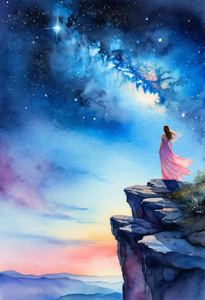 (Watercolor landscape painting:1.8)，1 girl,  (A woman in a long dress stands on a cliff，Looking at the stars, Space Goddess, Milky Way Goddess, Goddess of Heaven, Astral ethereal, Dream, Beautiful Celestial Mage, beautiful fantasy painting, Beautiful fantasy art, Ethereal fantasy, very Beautiful fantasy art, Digital Art Fantasy, Charming and otherworldly, Fantasy Beauty, Octane&#39;s beautiful artwork in Ultra HD 4K，Volumetric Light，Natural soft lighting), (Ultra-delicate:1.2, Loss of focus:1.2, rich and colorful, theater lighting, Chiaroscuro,Ray Tracing), masterpiece, Super rich,Super detailed,8K