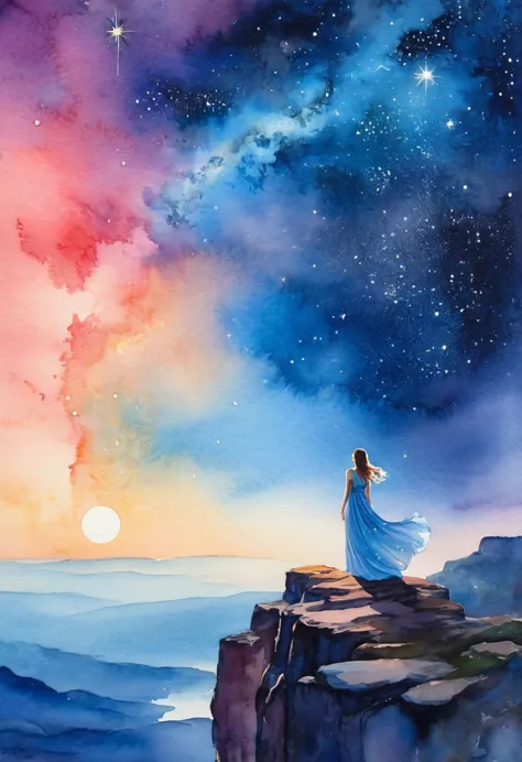 (Watercolor landscape painting:1.8)，1 girl,  (A woman in a long dress stands on a cliff，Looking at the stars, Space Goddess, Mil...