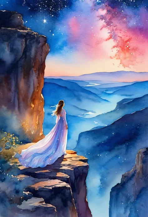 (watercolor landscape painting:1.8)，1 girl,  (a woman in a long dress stands on a cliff，looking at the stars, space goddess, mil...