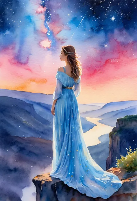 (Watercolor landscape painting:1.8)，1 girl,  (A woman in a long dress stands on a cliff，Looking at the stars, Space Goddess, Mil...