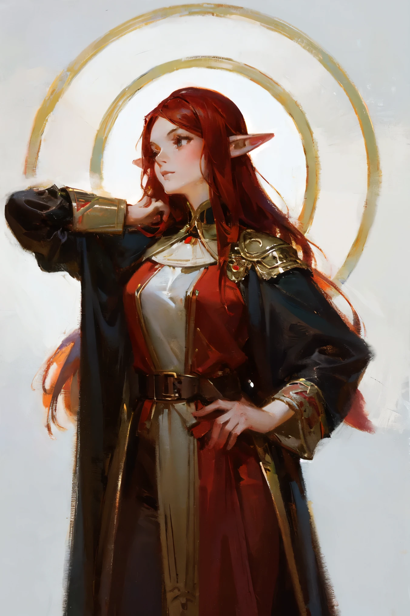 portraiture art of an elf woman, modern clothing, red hair, thick black outlines, character design, character concept art, loose paint, white background, painterly illustration, highly detailed, cartoonish proportions, glossy straight hair, creative