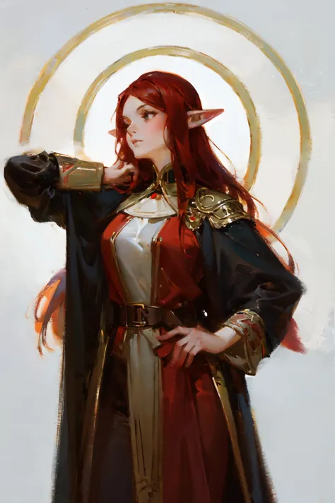 portraiture art of an elf woman, modern clothing, red hair, thick black outlines, character design, character concept art, loose...