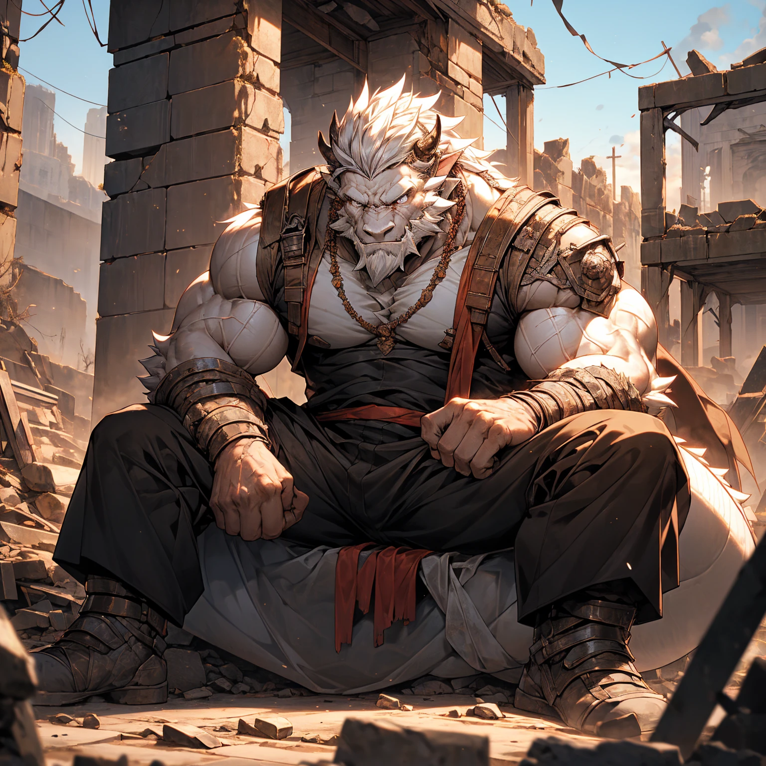 肌肉发达的white dragon,Handsome, white dragon,Pectoralis major, Heavyweight, Bodybuilder figure, Uniform, Crotch bulge, Mighty dragon mouth,Sitting on the ruins，In the ruins of the battlefield, Handsome的龙角,sparkling skin, Eyes sparkling,white dragon,鲜艳的color, 4k, realism, Shining lighting, Huge muscles, Gorgeous,  Delicate face, Lean Muscle, (Look at the whole body), ((1 person)), (Purpose (great muscular soldier old人 sitting resting in the ruins of the building)), The  is a soldier and wears a soldier's uniform, old(beard, bead, White beard,,  white hair,  Strong muscles), (background story ((Abandoned Land, post apocalyptic, City ruins))), (photography (Telephoto 50mm, Movie, color))