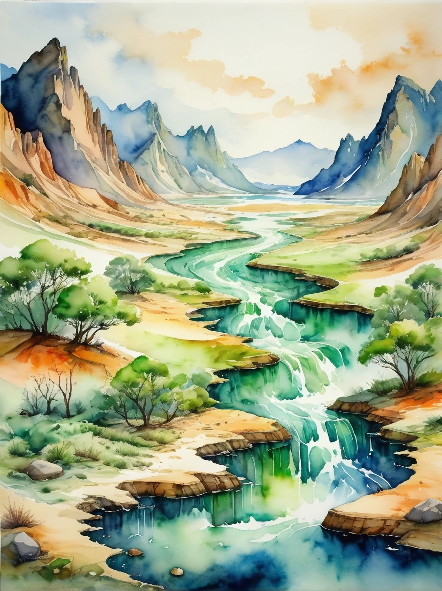 1hbgd1, Une représentation artistique du concept de changement climatique, représenté à travers l&#39;aquarelle. L&#39;image montre le contraste saisissant entre une personne en bonne santé, environnement vert d&#39;un côté et un côté aride, paysage désolé de l’autre comme représentation des effets du changement climatique. Ce contraste se manifeste par des changements dans l&#39;écosystème et les espèces, conditions météorologiques, et les courants océaniques. Le style aquarelle imite la nature fluide et changeante des climats et des écosystèmes terrestres., (style aquarelle:1.5)