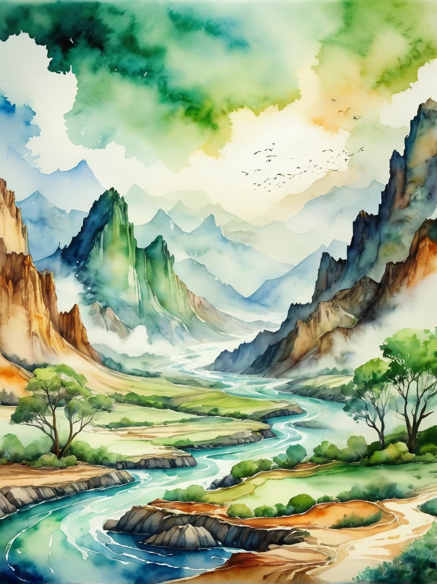 1hbgd1, Uma representação artística do conceito de alterações climáticas, retratado em aquarela. A imagem mostra o forte contraste entre uma vida saudável, ambiente verde de um lado e um árido, paisagem desolada, por outro, como uma representação dos efeitos das mudanças climáticas. Este contraste se manifesta através de mudanças no ecossistema e nas espécies, padrões climáticos, e correntes oceânicas. O estilo aquarela emula a natureza fluida e mutável dos climas e ecossistemas da Terra., (estilo aquarela:1.5)