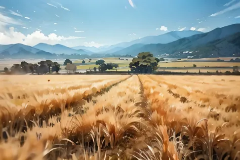 Vast wheat fields, breezy winds, blue sky, (soft focus:1.5), best quality