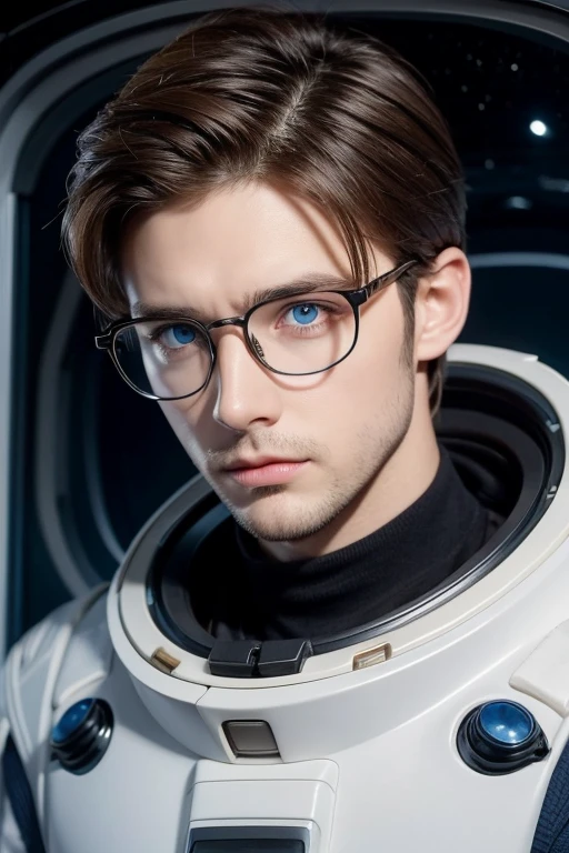 Wearing heavy glasses，Blue eyes，brown hair，Man dressed in space chamber，Realistic photo bust，Older