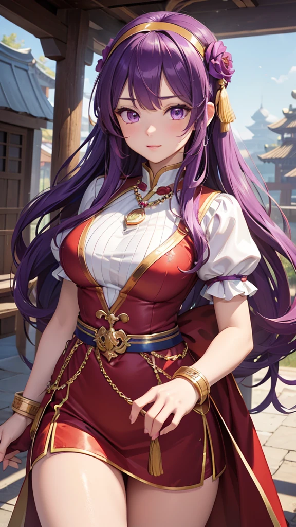 Athena Asamiya, Athena Assam, Long Hair, hair ornaments, (Purple eyes:1.1), Purple Hair, hair band, star \(symbol\), star hair ornaments, red hair band,
jewelry, pants, Fingerless gloves, necklace, bead necklace, Chinese clothing, dress, red dress, Puffy sleeves, Short sleeve, White sleeves, Red gloves,
outdoors,
cowboy shot, View Viewer,
 (masterpiece:1.2), highest quality, High resolution, unity 8k wallpaper, (figure:0.8), (Beautiful fine details:1.6), Highly detailed face, Perfect lighting, Highly detailed CG, (Perfect hands, Perfect Anatomy),