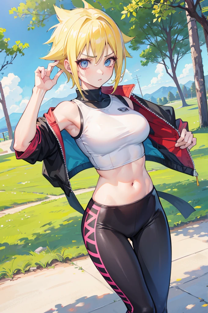 1 girl, naruto uzumaki as a girl, naruto genderswap, female naruto uzumaki, genderswap, female/girl/woman, feminine features, feminine body, great curves, medium sized breast, breast 34d, cute, hot, short blond hair, blond hair, short hair, blue eyes, wearing(flex leggings and cropped shirt), gym flex leggings woman, flex leggings, cropped shirt, in the park, ultrasharp, 4k picture, highly detailed, beautiful 
