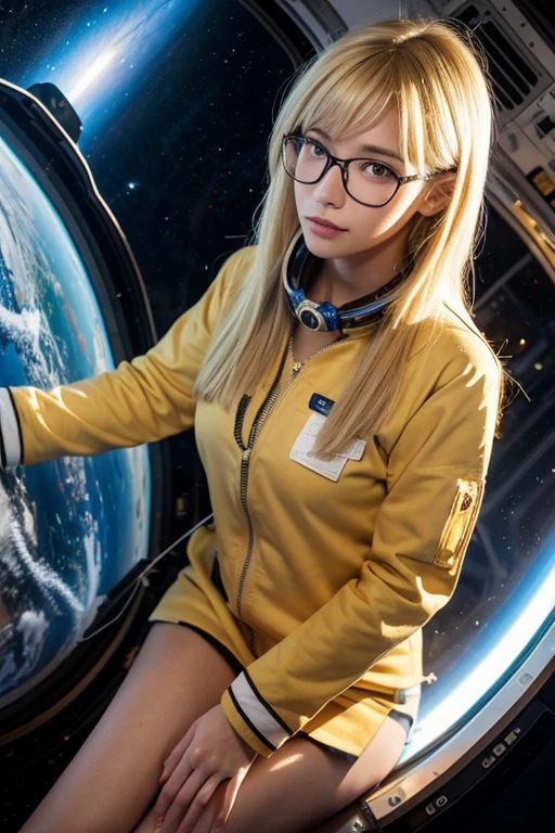 Blonde，wear glasses，Working in space