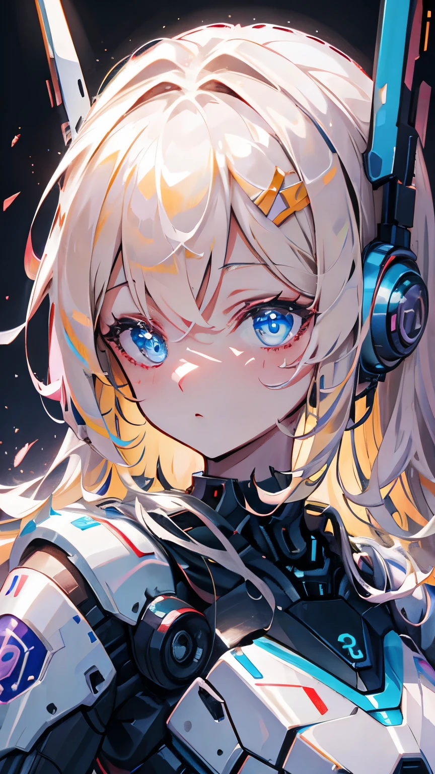 (((Best quality, 8k, Masterpiece: 1.3)), ((best quality)), ((masterpiece)), (detailed), perfect face, Female android, artificial intelligence, robot, metal frame, cyberspace, science fiction, laser gun, mechanical body, blonde hair, windblown hair, helmet with decorations