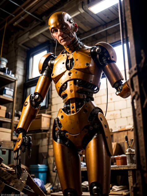 raw photo, professional photo, old cyborg man, mechanical body, mechanical body parts, (rusty body), tubes and wires sticking ou...