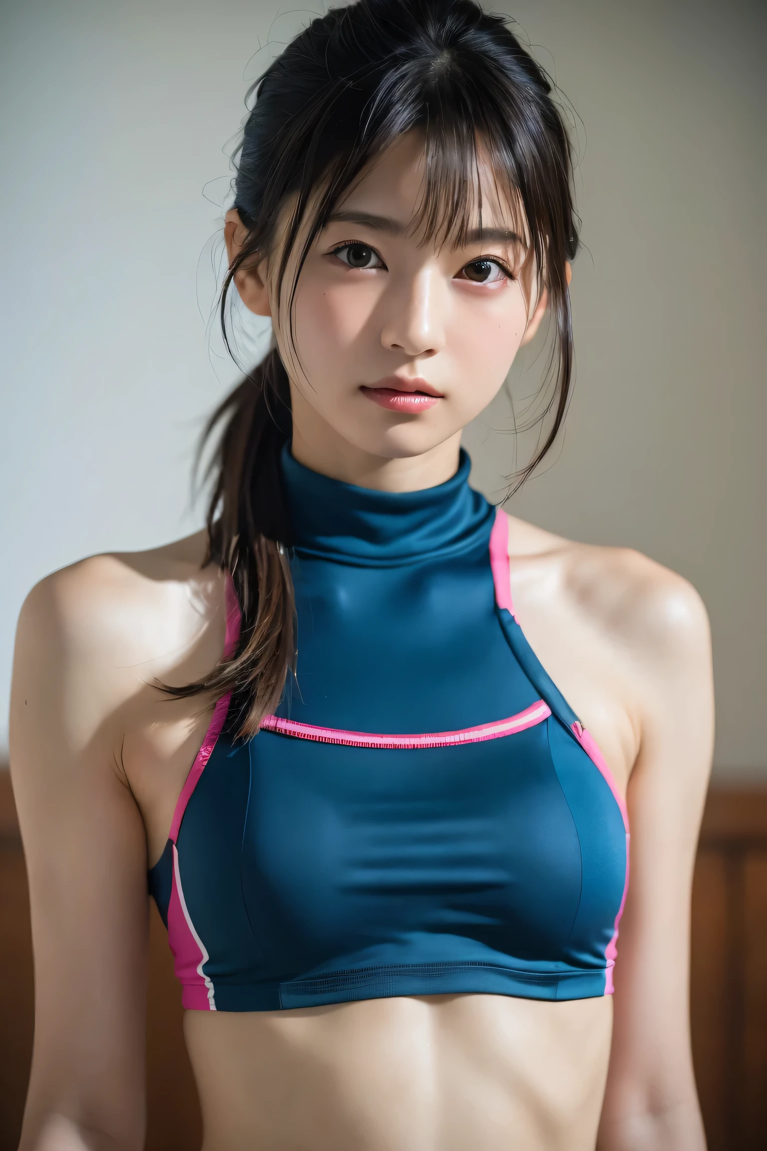 (8k, RAW Photos,highest quality, High resolution:1.1), (Ultra-realistic:1.4),(Realistic, Realistic:1.3),The Beauty of Japan、Rhythmic gymnastics club、Rhythmic Gymnastics Uniform、((Upper Body:1.3)),holding panties 