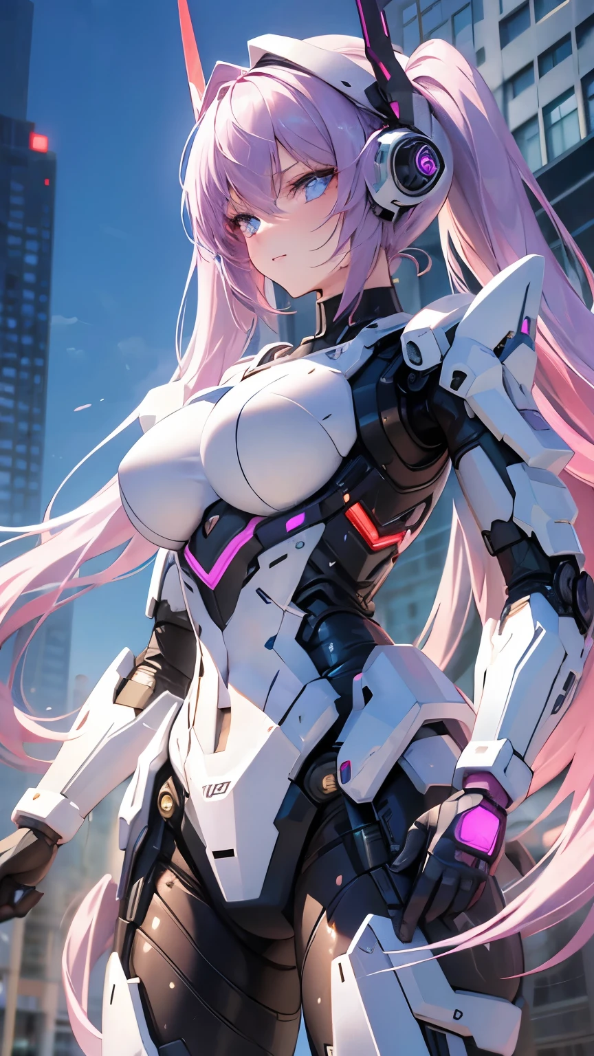 (((Best quality, 8k, Masterpiece: 1.3)), ((best quality)), ((masterpiece)), (detailed), perfect face, Female android, artificial intelligence, robot, metal frame, cyberspace, science fiction, laser gun, mechanical body, purple hair, sidelocks, low twintails, from below, helmet with decorations, cowboy shot, 