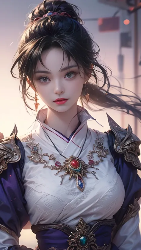 1 Beautiful girl in Hanfu, ((Rich white and purple silk shirt)), White lace top, Purple platinum ponytail long hair, Jewelry, ea...