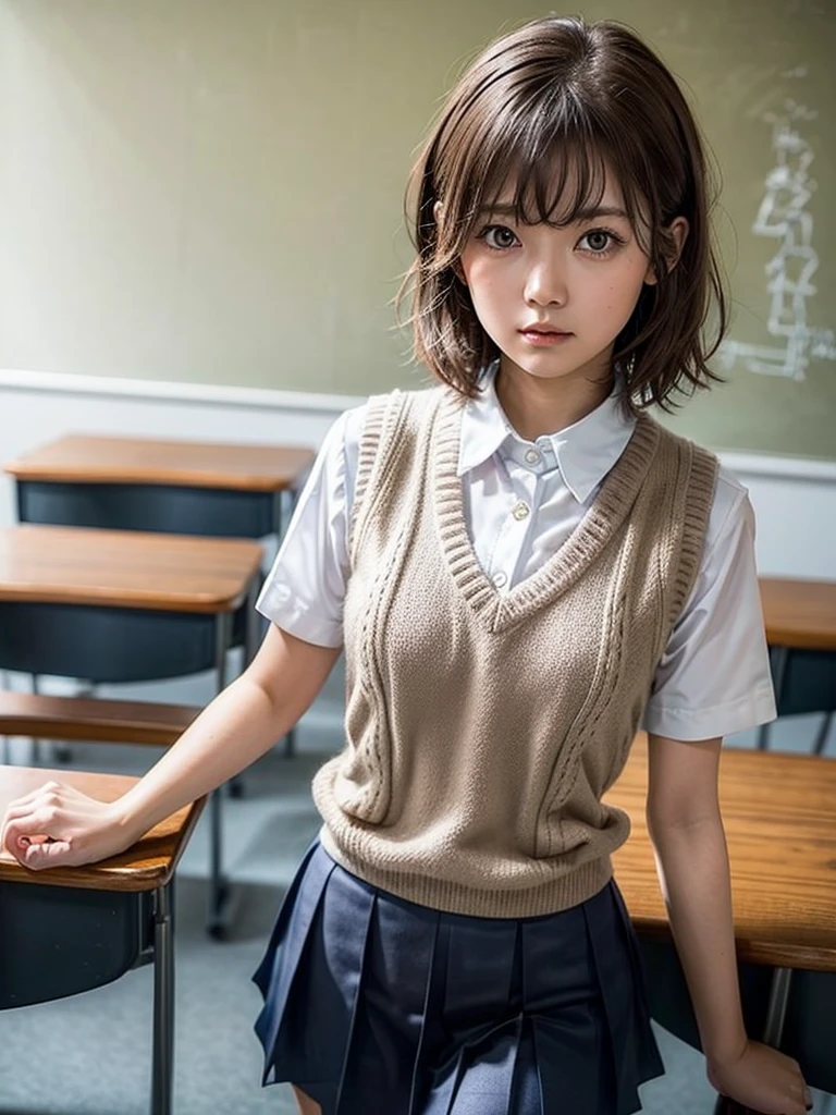 Masterpiece, Top Quality, Top Mikoto, brown eyes, short hair, small breasts, looking at viewer, alone, closed mouth, collared shirt, beige knit vest, dark blue  Skirt, school_uniform, shirt, white_shirt, classroom,Masterpiece, highest quality, 8K, detailed skin texture, fine cloth texture, beautiful detailed face, intricate details, super detailed,cute,cute posing,composition that shows the whole body,