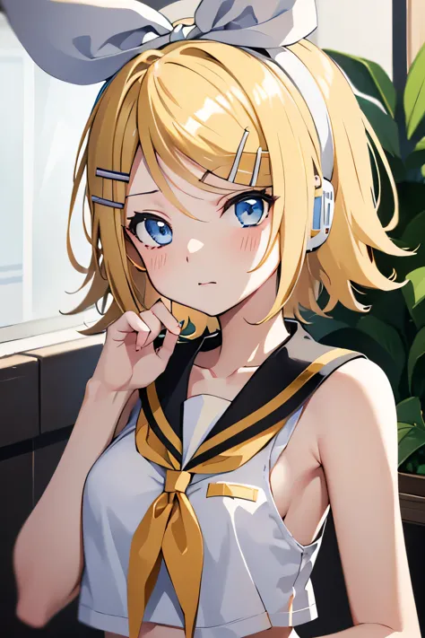 ((kagamine rin))
1girl
blonde hair
solo
hair ornament
sailor collar
hair clip
short hair
looking at viewer
pout
hair bow
blue ey...