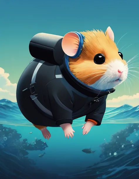 Jon-style , Features, ink art, side view，Set design，Very unified CG design，（Cute hamster diving），Put on a wetsuit and goggles，ba...
