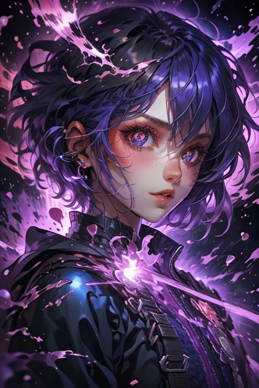 1girl,solo,cool,crazy love,heart eye,neon,purple hair,cool color colorful,paint,face focus,perfect face,brilliant eye,suspicious,mysterious,purple aura,purple color background,dark atmosphere,darkness