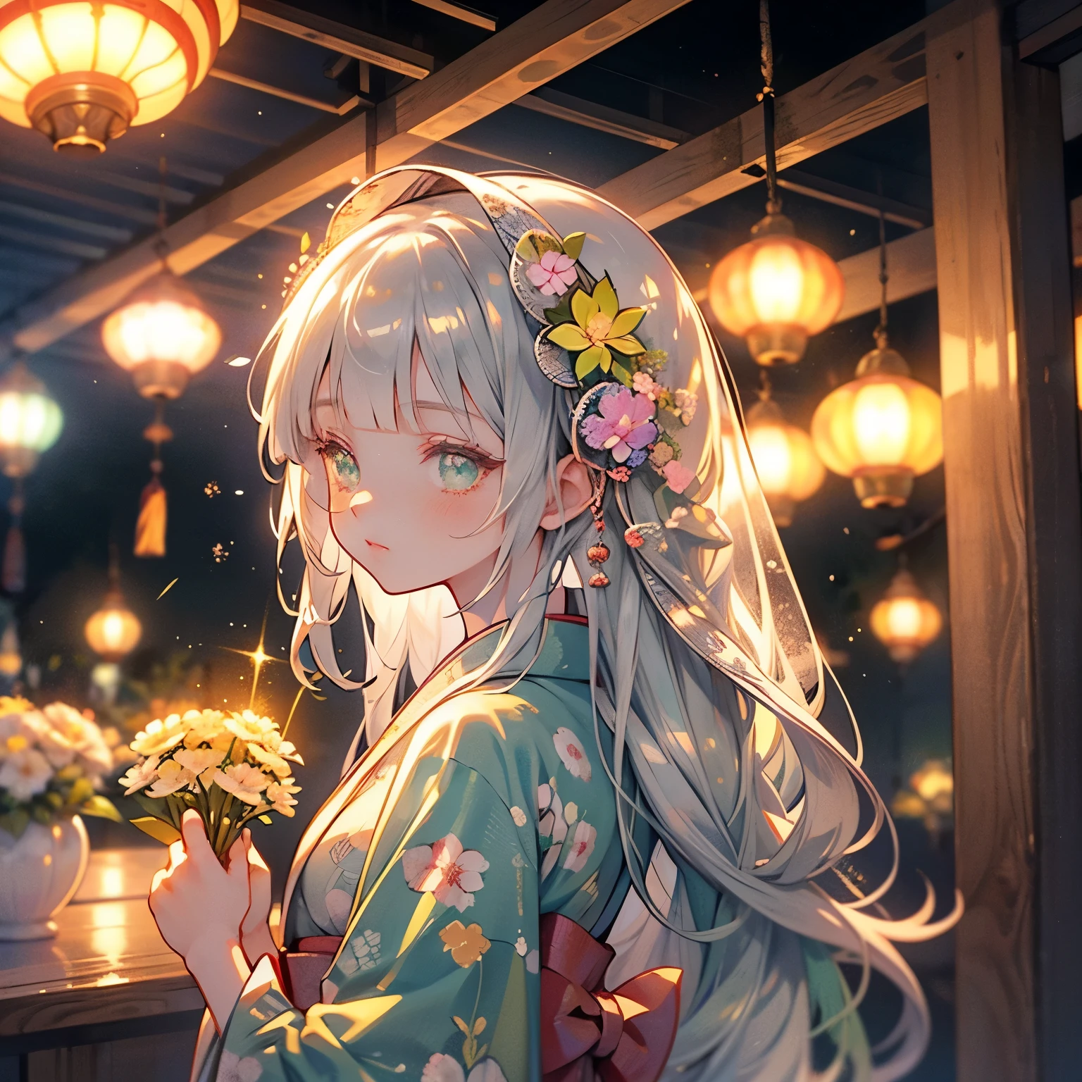 ♥(Japanese beautiful flower printed kimono,yukata),((1girl,cute,young,semi long beautiful silver green hair,blunt bangs,twin tales,beautiful green eyes)),(solo),((masterpiece, highest resolution,best quality)), (beautiful illustration),(Japanese beautiful flower printed kimono,yukata),
 (looking at the viewer), innocent smile,cinematic lighting,Japanese Festival,stall,fireworks,night sky,full moon,shooting star,
